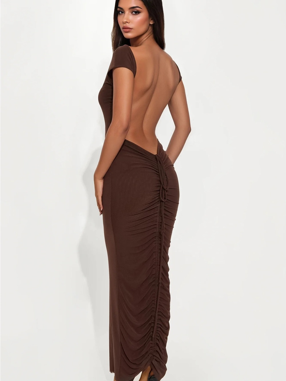 Fashion Nova Brown Open-Back Ruched Maxi Dress